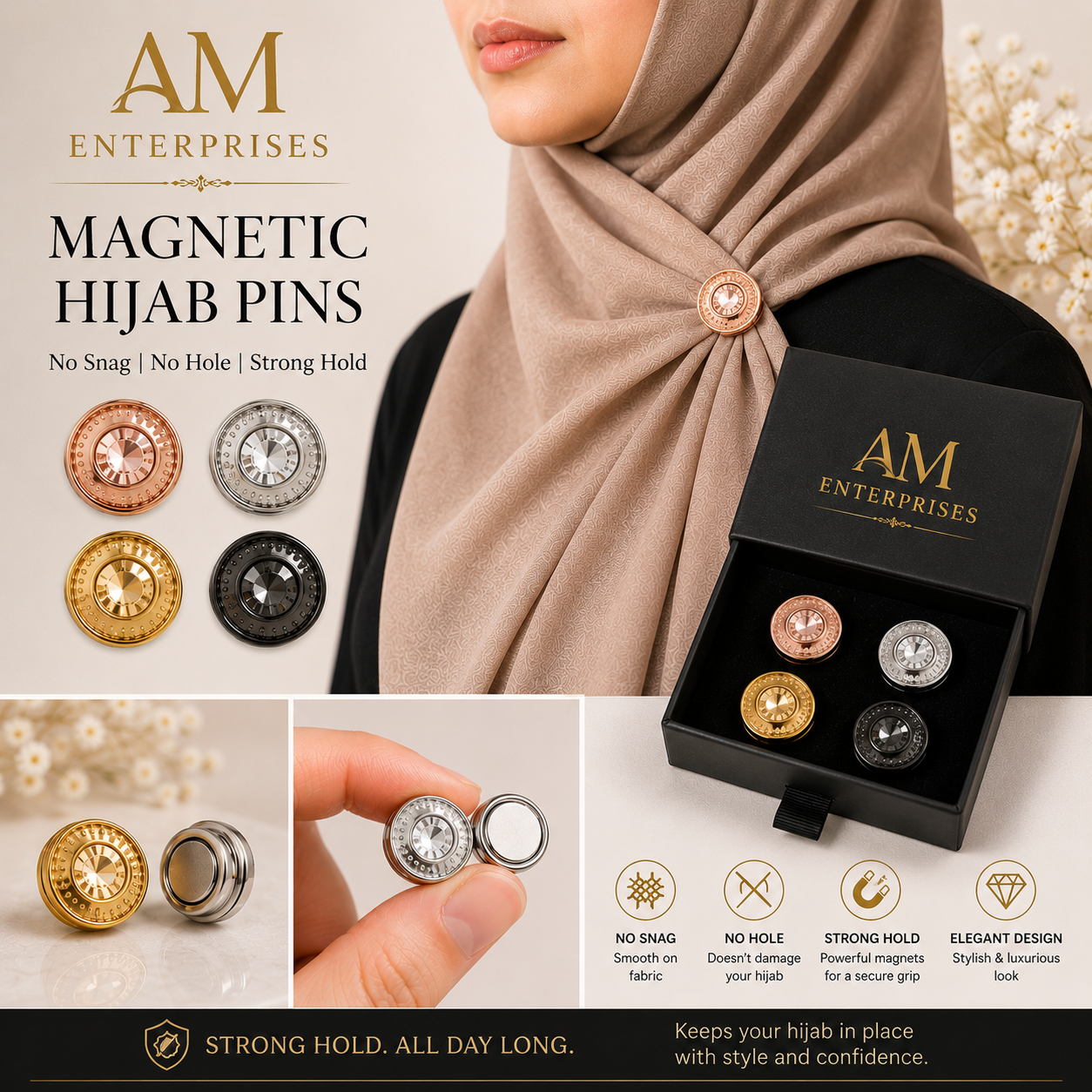 Magnetic Hijab Pins No-Pierce Scarf Brooch Set, Strong Hold Anti-Snag Magnet Clips for Hijab, Shawl & Scarves, Rustproof Metal |